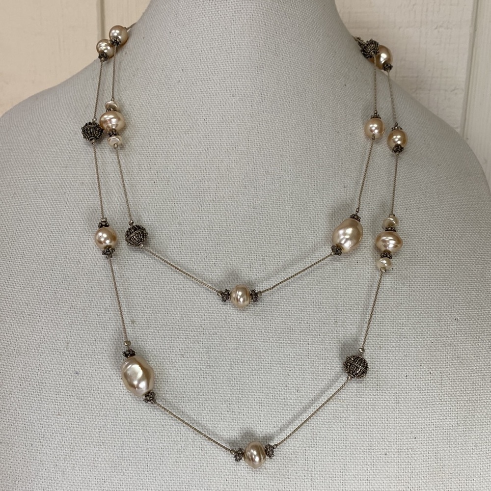 Unique long blush freshwater Pearl station style necklace